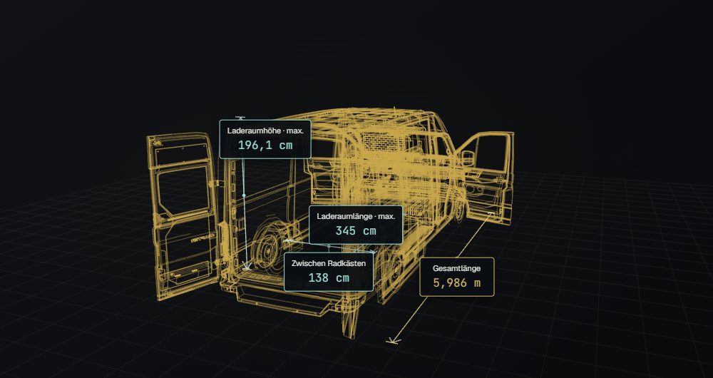 Vorschau des VW Crafter mit Maßlinien am Laderaum